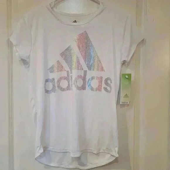 Adidas Girl's White Poly Short Sleeve Foil Rainbow Graphic Scoop Neck T-Shirt NE - Picture 2 of 10